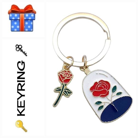 🎁 Red Rose in Glass🌹Key Chain Ring 🗝️ Tale as Old as Time Beauty Beast Gift - Picture 3 of 3